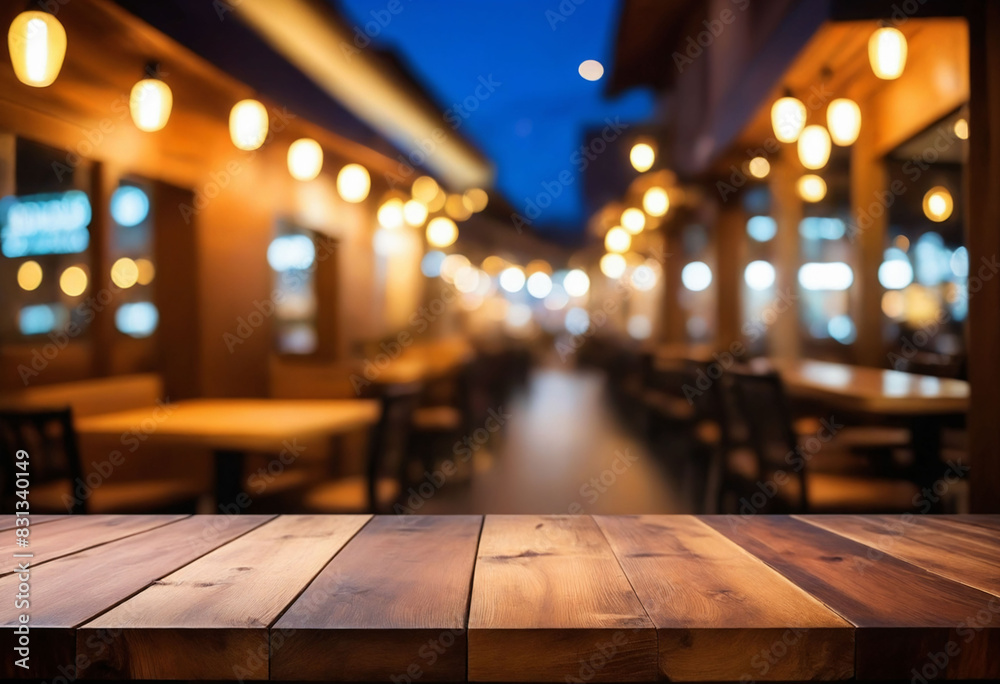 Background of wooden table in front of abstract blurred restaurant lights Background of wooden table in front of abstract blurred restaurant lights