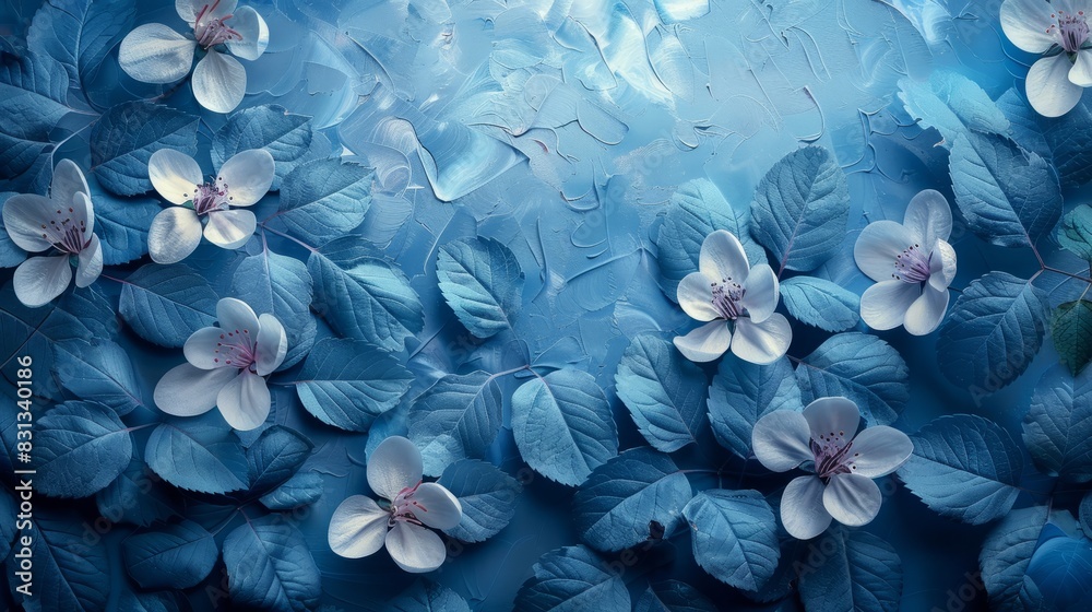 Mystical seamless pattern with beautiful blue flowers on a blue background. Abstract art background with blue flower and design elements