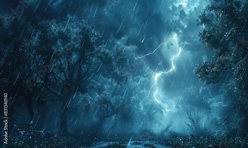 A forest during a thunderstorm, with trees swaying in the wind and lightning illuminating the dark canopy, eerie and mysterious, cool tones, photorealistic style, photo