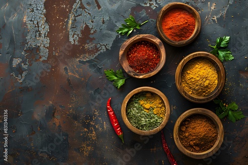 Colorful Spices in Wooden Bowls on Rustic Background