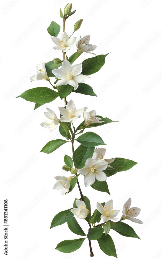 A vertical bouquet of white jasmine flowers with green leaves isolated on a transparent background, perfect for floral designs and decorations. A vertical bouquet of white jasmine flowers with green leaves isolated on a transparent background, perfect for floral designs and decorations.