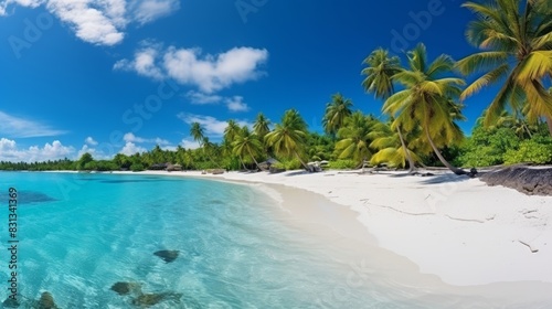 Fototapeta Naklejka Na Ścianę i Meble -  Tranquil maldives island  white sandy beach, turquoise ocean, and blue sky panorama
