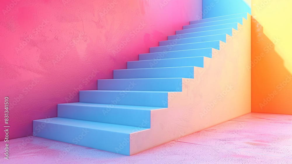 A staircase with blue steps is shown in a room with a pink wall A staircase with blue steps is shown in a room with a pink wall