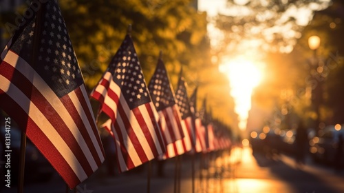 Memorial day tribute row of american flags adorning city street in honor of the occasion