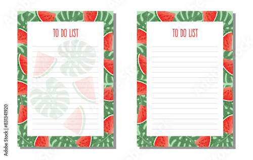Set panner, to do list with tropical leaves of monstera and watermelon slice.