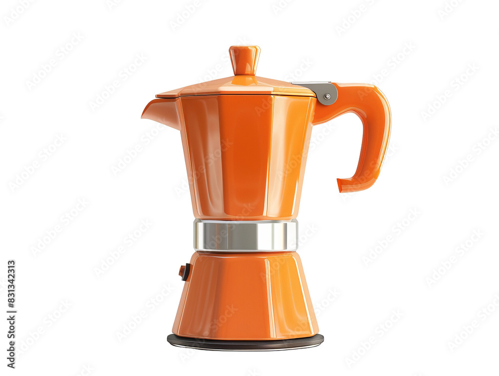 Bright orange stovetop espresso maker isolated on white background, perfect for making a delicious morning coffee or adding a splash of color to your kitchen.