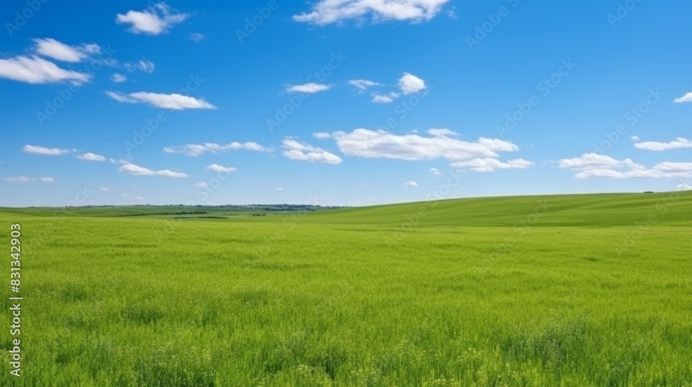 Sweeping summer landscape vibrant green field, clear blue sky with puffy clouds, ideal sunny day Sweeping summer landscape vibrant green field, clear blue sky with puffy clouds, ideal sunny day