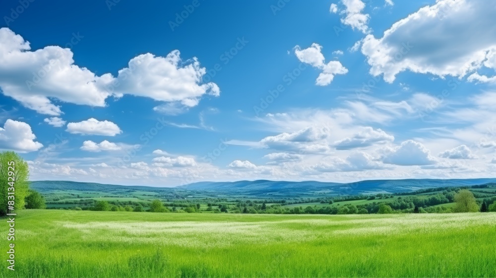 Picturesque green field under clear blue sky, a perfect summer landscape setting Picturesque green field under clear blue sky, a perfect summer landscape setting