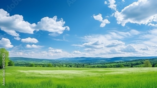 Picturesque green field under clear blue sky, a perfect summer landscape setting