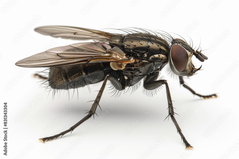 Macro Shot of Black Fly Closeup, Detailed Insect with Vibrant Colors, Isolated on White Background