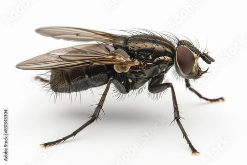 Macro Shot of Black Fly Closeup, Detailed Insect with Vibrant Colors, Isolated on White Background