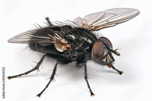 Macro Shot of Black Fly Closeup, Detailed Insect with Vibrant Colors, Isolated on White Background photo