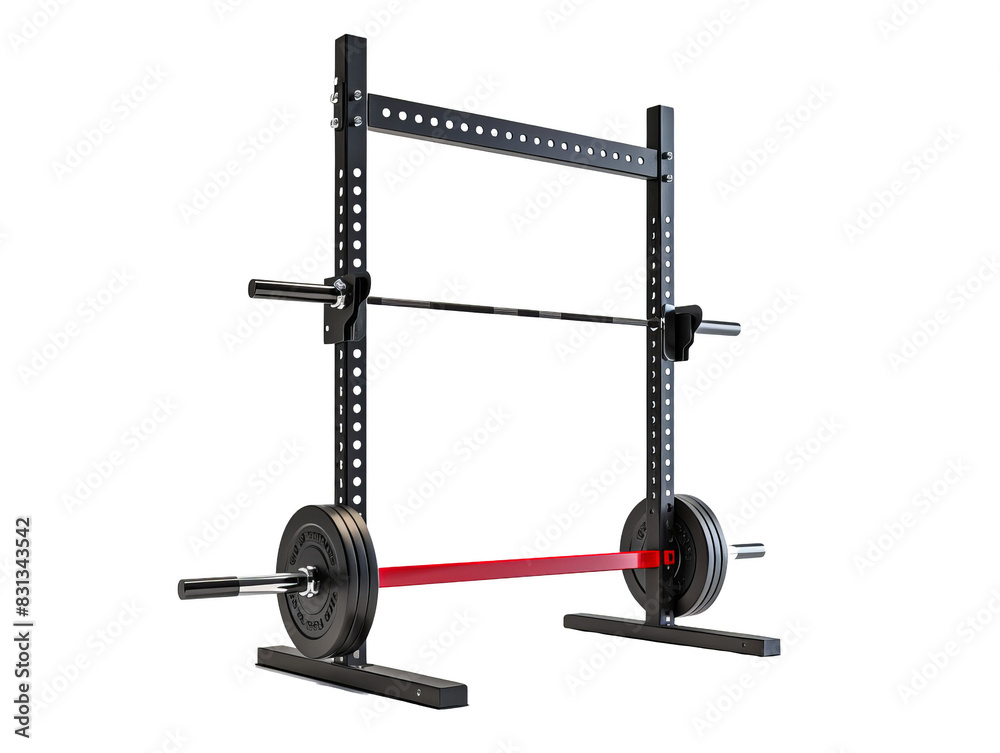 Gym equipment with barbell and weights on squat rack for strength training, isolated on white background.