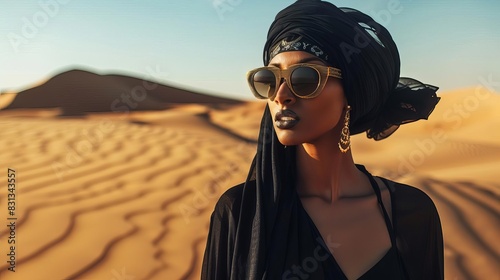 gorpcore summer fashion model in black tunic and turban wandering sahara desert dunes lifestyle photography photo