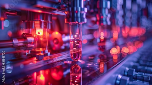 A lab with a red background and a glowing tube