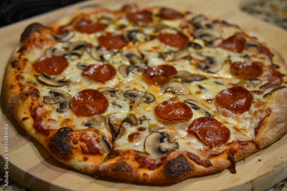 Homemade pepperoni and mushroom pizza with melted cheese and golden crust