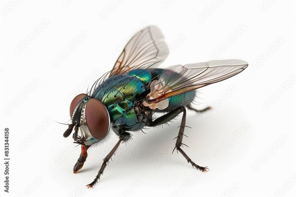 Macro Shot of Blowfly Closeup, Detailed Insect with Vibrant Colors, Isolated on White Background Macro Shot of Blowfly Closeup, Detailed Insect with Vibrant Colors, Isolated on White Background