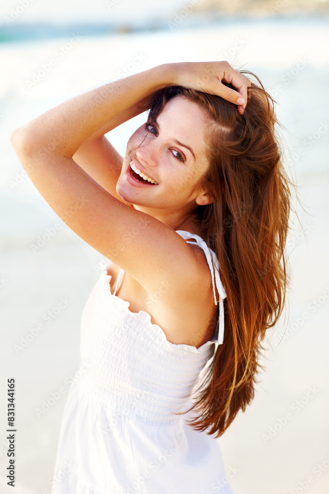 Portrait, beach or happy woman on vacation to relax on outdoor holiday for break or paradise in Ibiza. Tourist, girl or female person with smile at ocean, nature or sea with peace, wellness or travel Portrait, beach or happy woman on vacation to relax on outdoor holiday for break or paradise in Ibiza. Tourist, girl or female person with smile at ocean, nature or sea with peace, wellness or travel