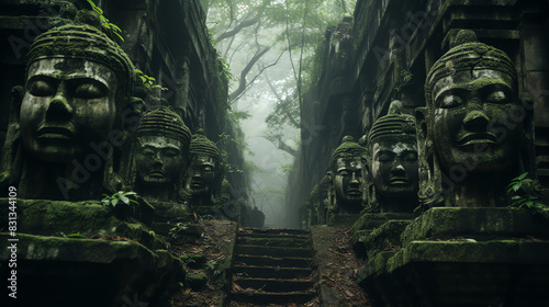 A temple ruin in the jungle with large stone heads on either side of the entrance.