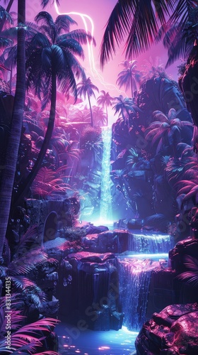 A futuristic oasis with holographic palm trees and neonlit water features, blending nature and technology, vibrant colors, digital painting,