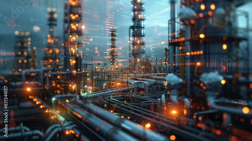 A cityscape of a large industrial plant with many pipes and lights
