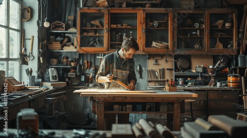Man Carving Wood in Workshop Work Area
