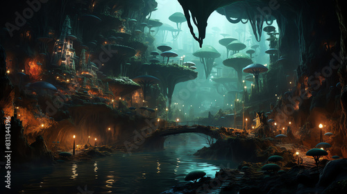 A  subterranean village built on giant mushrooms in a body of water. There are several bridges and walkways connecting the houses, and the village is lit by lanterns. photo