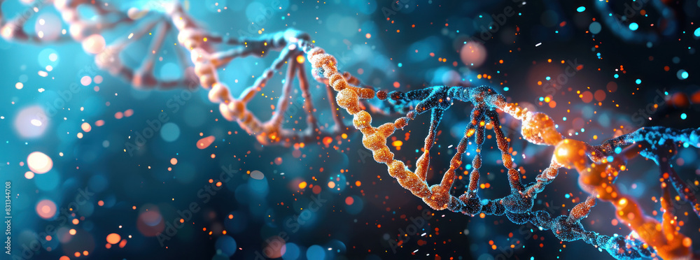 DNA double helix. DNA molecule structure. Medical science research of chromosome DNA genetic biotechnology in human genome cell. Science laboratory experiments analysis and genetic engineering study.