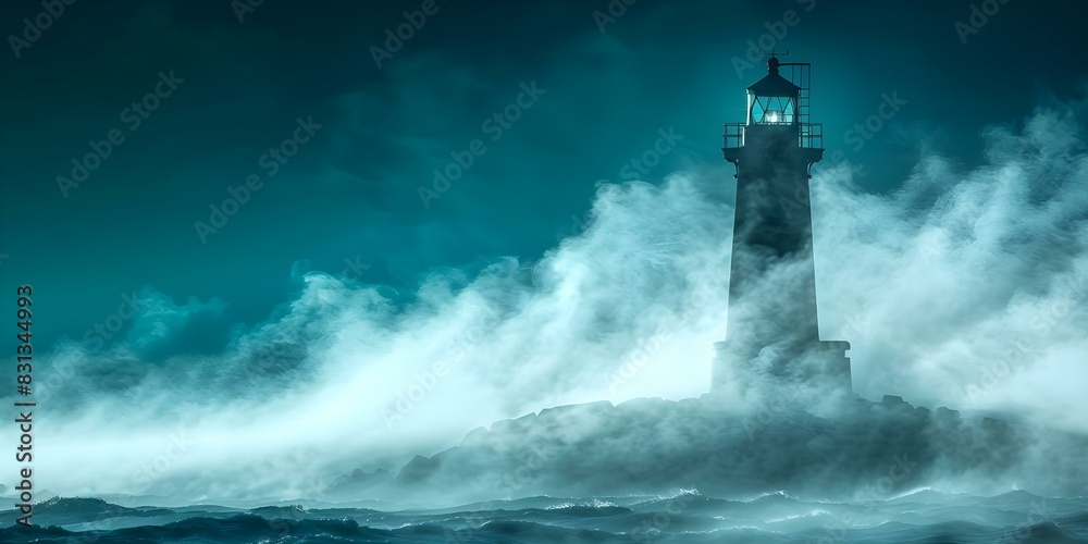 Lighthouse outline fades in and out with sea smoke in shifting winds. Concept Nature, Light Effects, Lighthouse, Ocean, Atmospheric Phenomenon