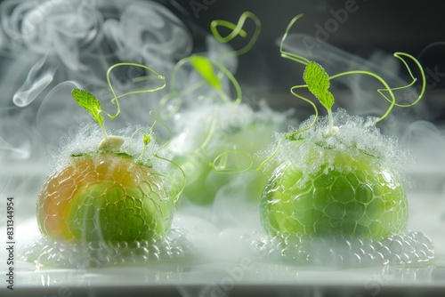 Elegant dish of green molecular spheres with aromatic mist, embodying culinary innovation photo