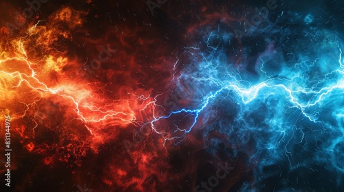 Opposition concept represented by a lightning bolt, with red and blue colors denoting a confrontation or struggle. design template for banner or poster.	
 photo