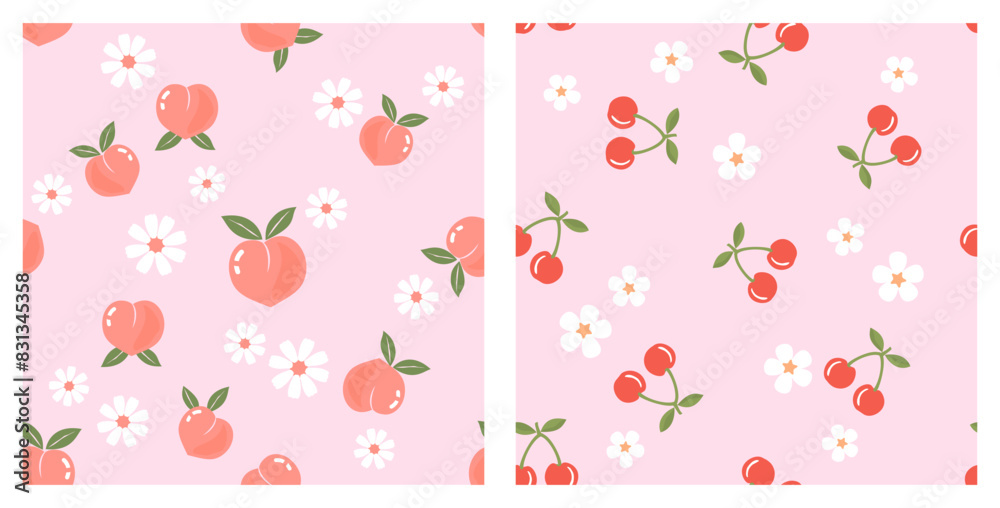 Seamless pattern with peach fruit, cherry and white flower on pink backgrounds vector.