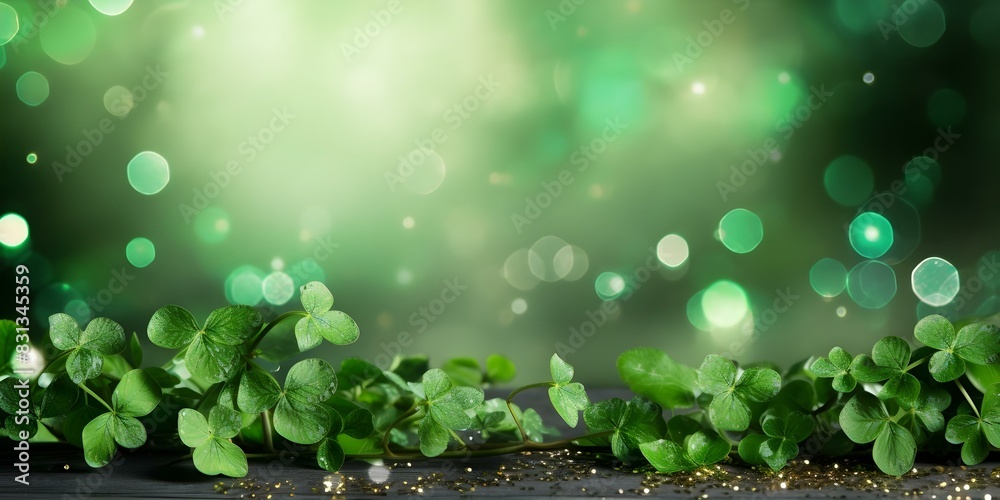 St Patricks Day background with green clovers glitter and bokeh lights perfect for festive promotions or invitations. Concept Festive Marketing, St, Patrick's Day, Green Clovers, Glitter Background