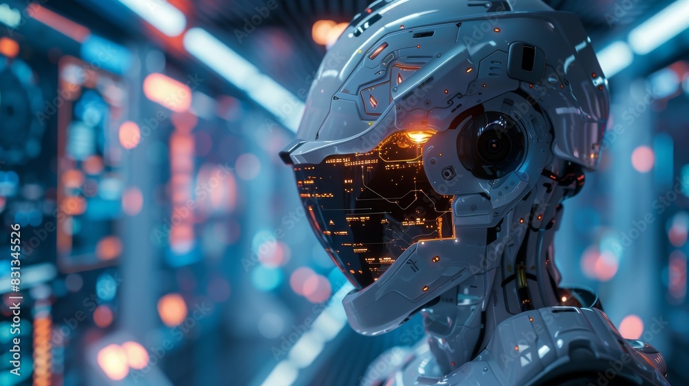 A robot with a helmet on its head is standing in a room with a blue background A robot with a helmet on its head is standing in a room with a blue background