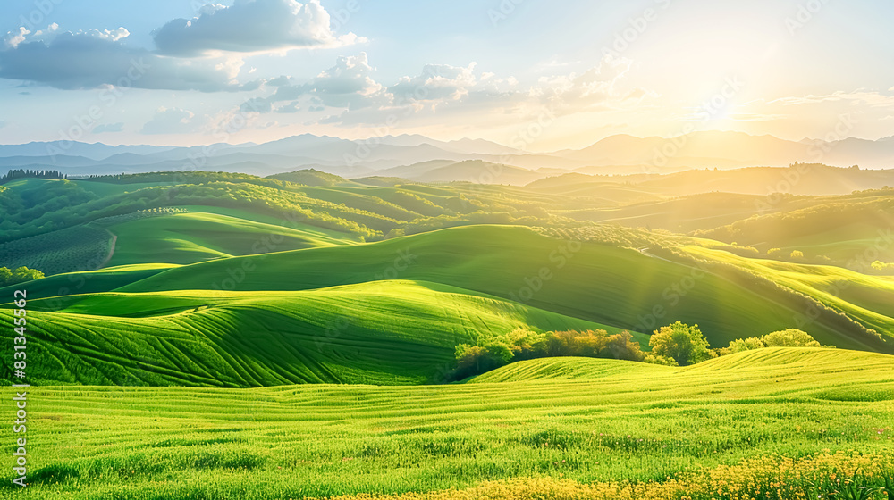 An expansive landscape of rolling hills bathed in golden sunlight, perfect as a serene background for presentations or advertisements An expansive landscape of rolling hills bathed in golden sunlight, perfect as a serene background for presentations or advertisements