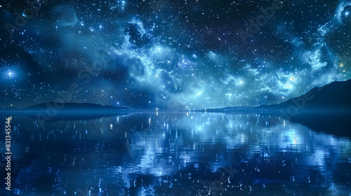 A mesmerizing starry night sky over a calm lake, dotted with reflections of shimmering stars, suitable for use as a background in video presentations or digital artwork