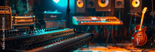 A vibrant recording studio filled with musical instruments and state-of-the-art sound equipment, where creativity and innovation come to life. Generative AI