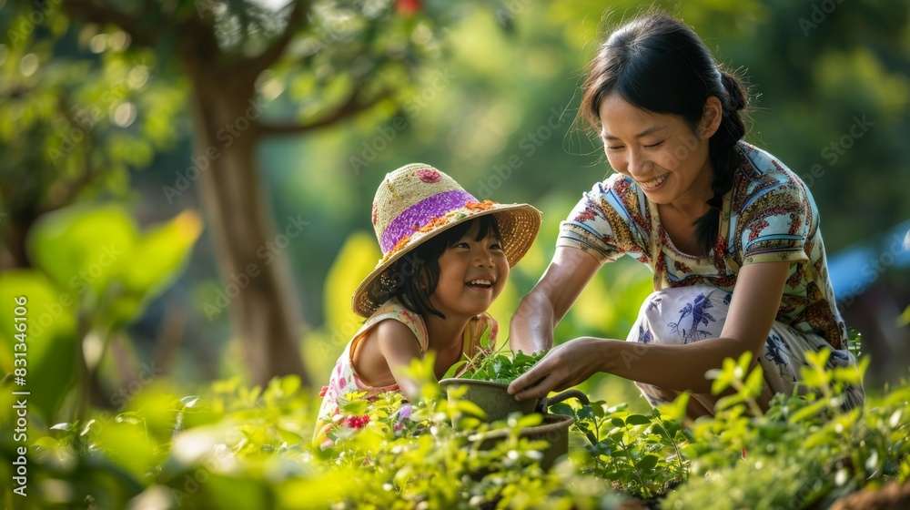 Fototapeta premium A cheerful image of a woman and child engaging in gardening together, surrounded by nature, embodying a warm, sunny atmosphere, perfect for family or educational themes.