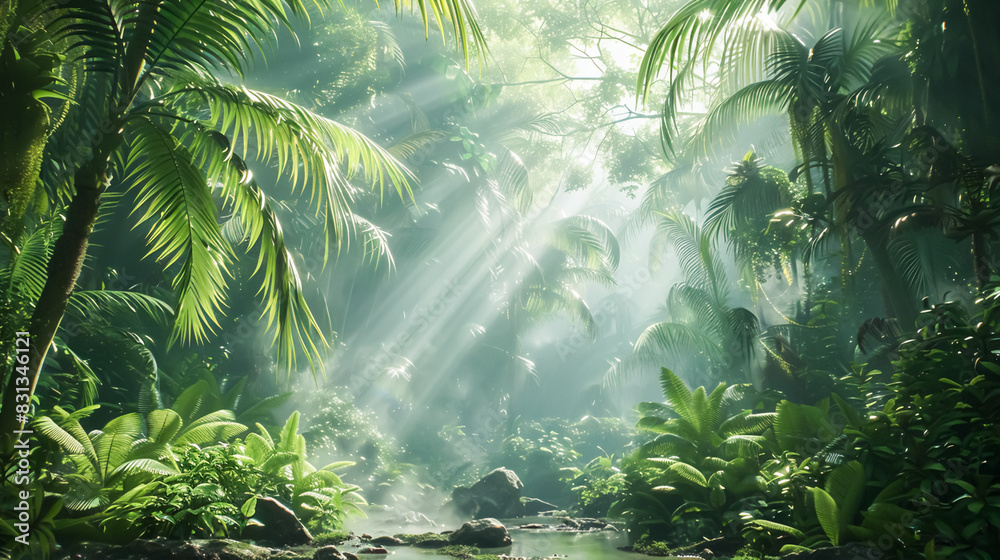 A lush tropical forest with sunlight filtering through the canopy, creating a peaceful and natural backdrop for digital projects or promotional materials
