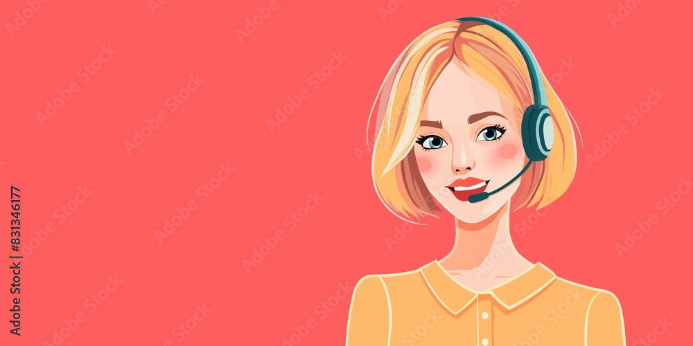 Illustration of a smiling female customer service agent with headset on a vibrant red background, representing professional communication support. Illustration of a smiling female customer service agent with headset on a vibrant red background, representing professional communication support.