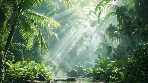 A lush tropical forest with sunlight filtering through the canopy  creating a peaceful and natural backdrop for digital projects or promotional materials