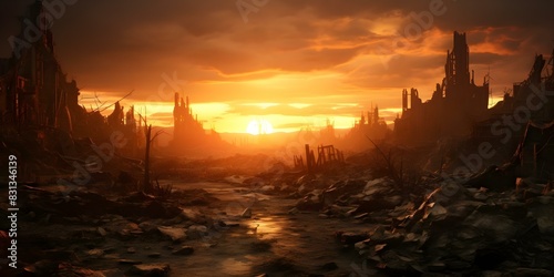 Sunset over ruined cityscape in apocalyptic setting postapocalyptic landscape with rubble. Concept Apocalyptic Setting  Ruined Cityscape  Sunset Shot  Post-Apocalyptic Landscape  Urban Decay