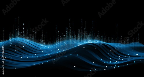 An abstract digital image with a serene blue and black waveform pattern interspersed with glowing light particles, suggesting a high-tech or music event backdrop. photo