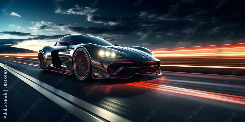 Cruising in a high-performance sports car on an illuminated highway under the night sky. Concept Night Sky Drive, Sports Car Cruise, Illuminated Highway, High-performance Vehicle, Speed and Luxury