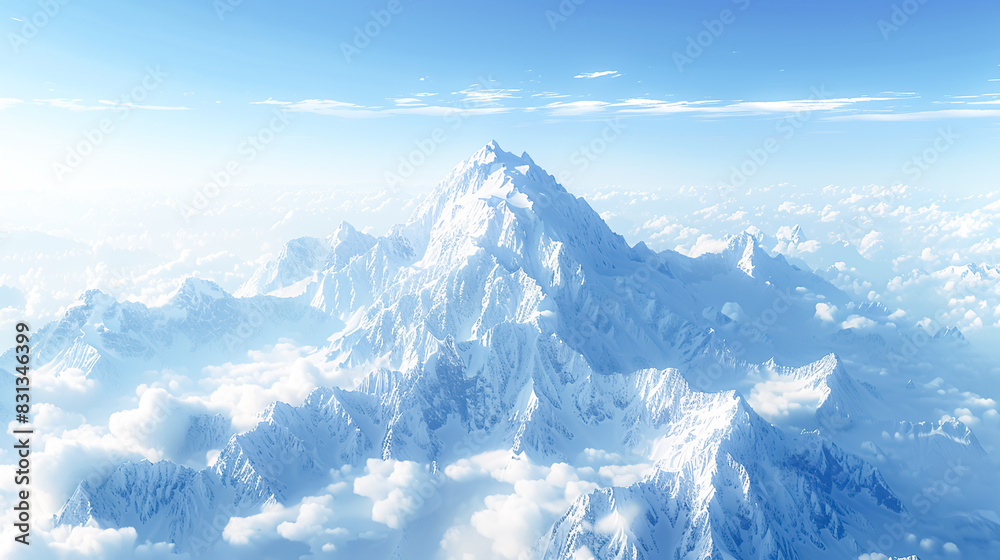 A breathtaking aerial view of snow-capped mountains against a clear blue sky, offering a majestic backdrop for cinematic productions or desktop wallpapers