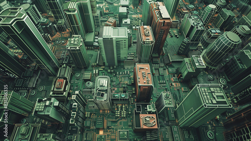 A birdseye view looking down on a city commercial area with office buildings made from circuit boards, microchips and processors. Smart cities and technology metaphor.