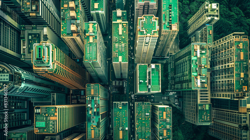 Circuit board city high angle  aerial view of tall buildings the downtown area of a city,  buildings made from circuit boards, microchips and processors. Skyscraper circuits, smart city. birdseye view