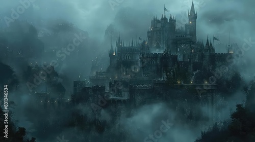 A grand medieval castle on a hilltop, surrounded by mist, with banners fluttering, Gothic architecture, dark tones, dramatic lighting, fantasy illustration,