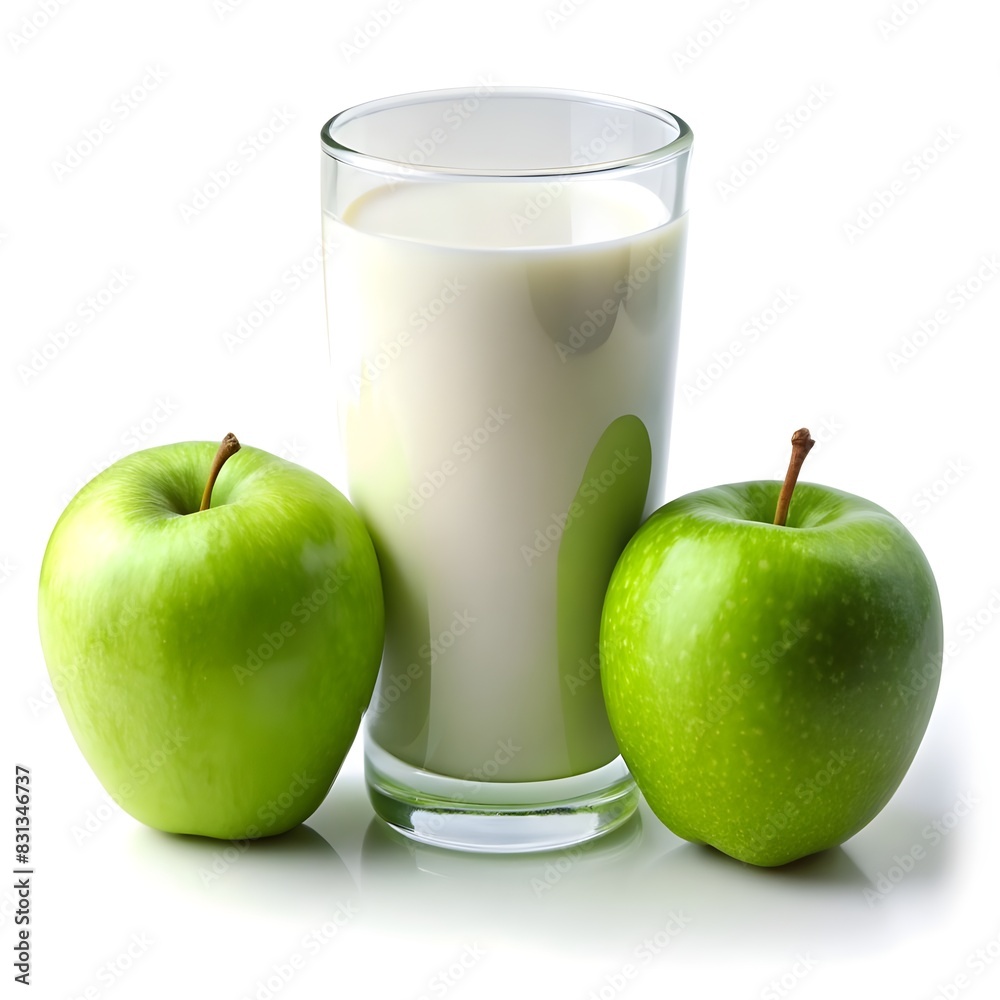 a glass of milk next to a green apple and a green a glass of milk next to a green apple and a green