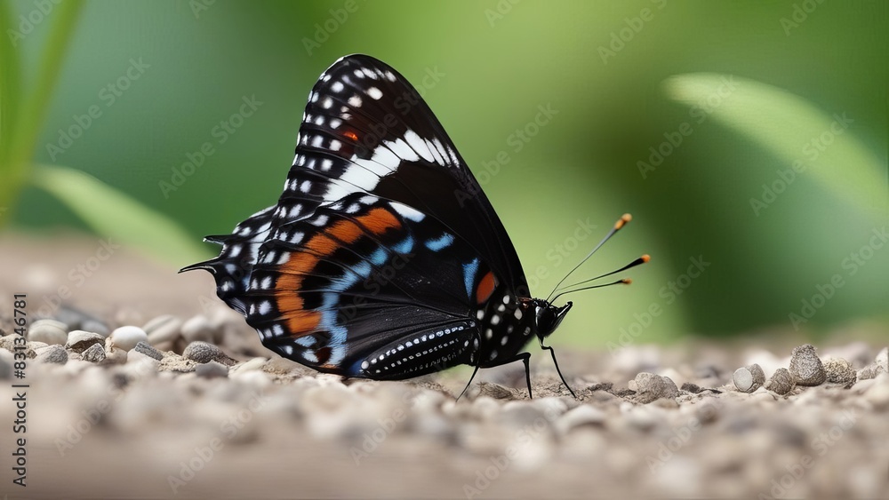 A black, white, and orange butterfly resting on gravel. The butterfly's intricate wing patterns and the muted background emphasize its natural beauty and the detailed design of its wings A black, white, and orange butterfly resting on gravel. The butterfly's intricate wing patterns and the muted background emphasize its natural beauty and the detailed design of its wings